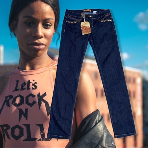 Dark Blue Made In America Studded Jeans With Tan Western Style Stitching - Picture 2 of 9